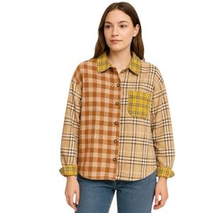 NWT Umgee Tan Orange Yellow Quilted Colorblock Plaid Jacket, Size Large